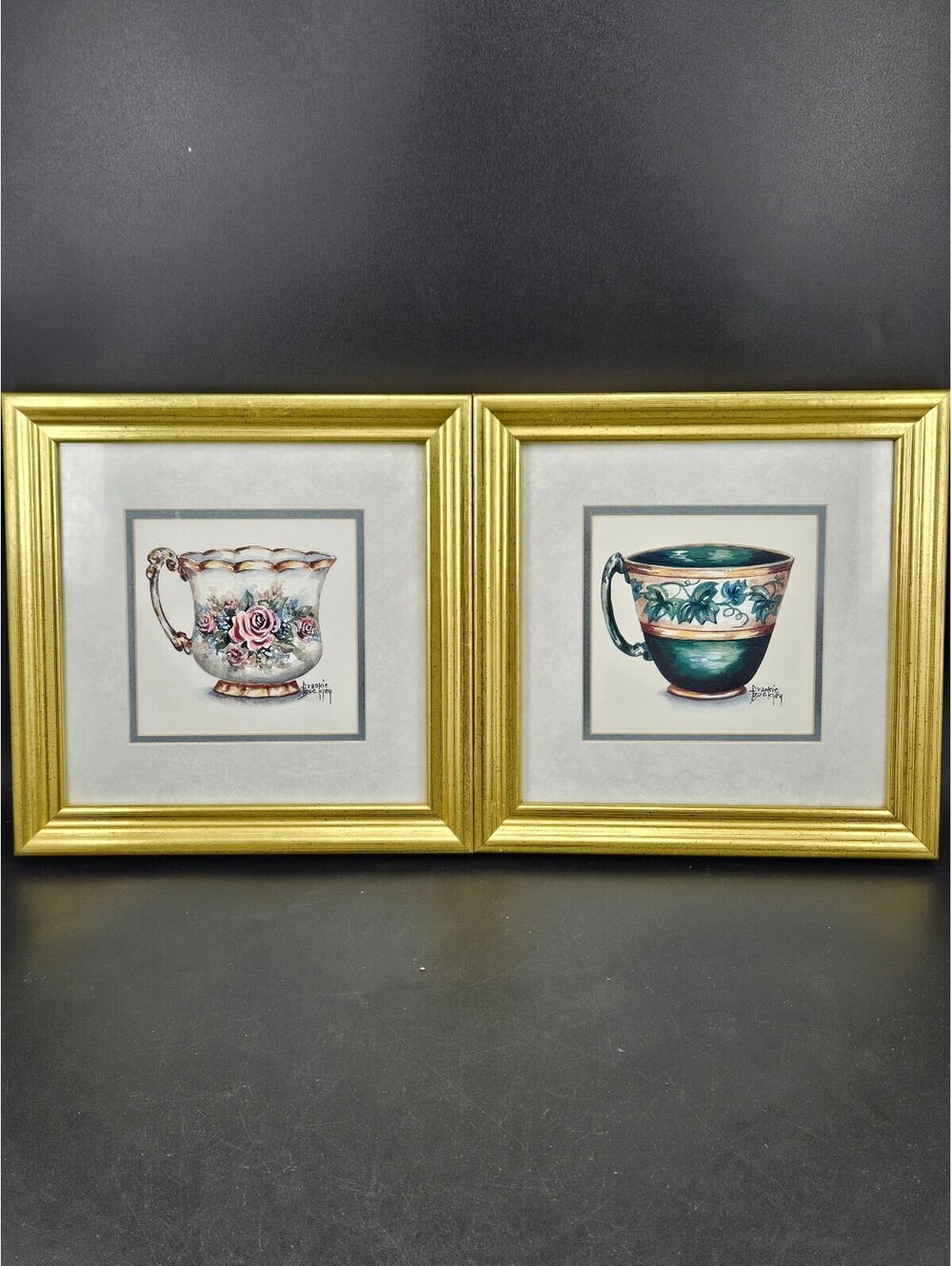Pair of Frankie Buckley Signed Teacup Art Prints Framed Set Botanical Wall Decor